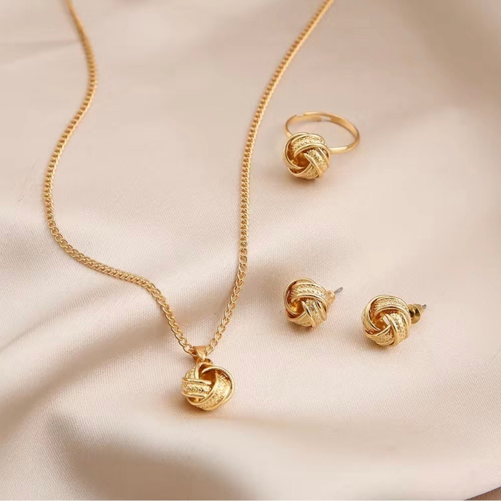 Gold Knotted Necklace Earrings And Ring Set
